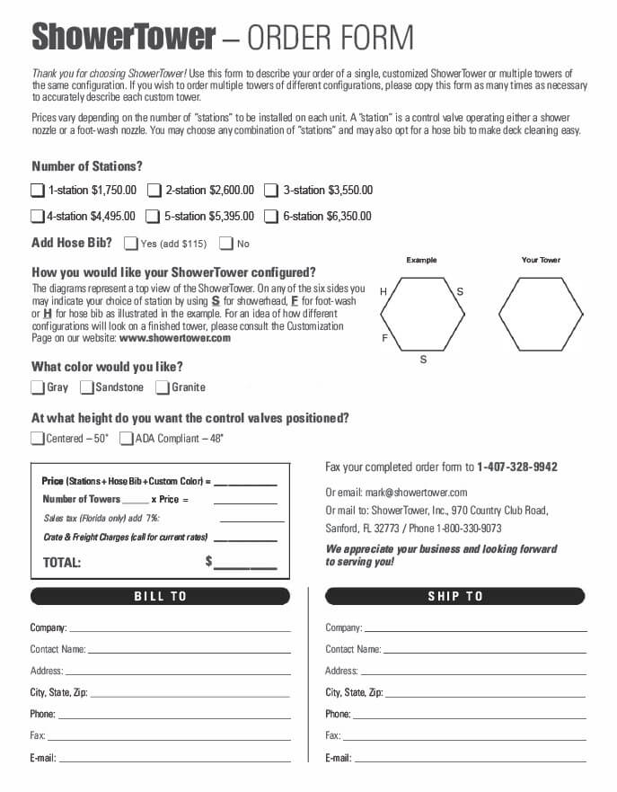 Shower Tower Order Form April 3, 2024